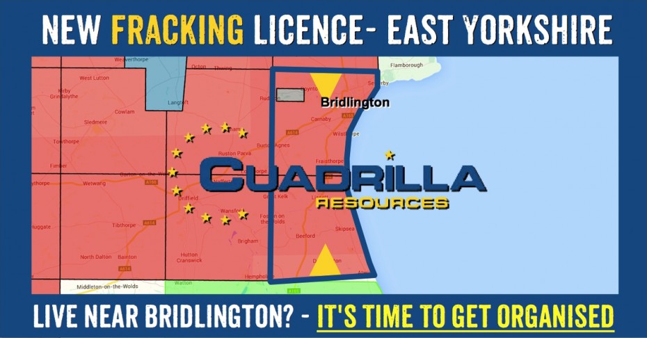 East Yorkshire towns in Cuadrilla's new fracking licence: Sowerby, Boynton, Bridlington, Carnaby, Haisthorpe, Thorneholm Wilsthorpe, Burton Agnes, Fraisthorpe, Barmston, Great Kelk, Gembling, Lissett, Foston on the Wolds, Gembling, Dreehoe, Skipsea, Beeford, North Frodingham, Dunnington, North End, Atwick.